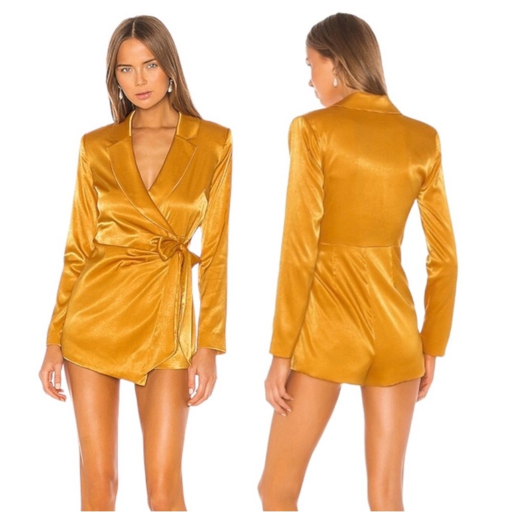 CAMILA COELHO Ellie Wrap Front Romper Shoulder Pad Blazer Dress Gold Satin XS